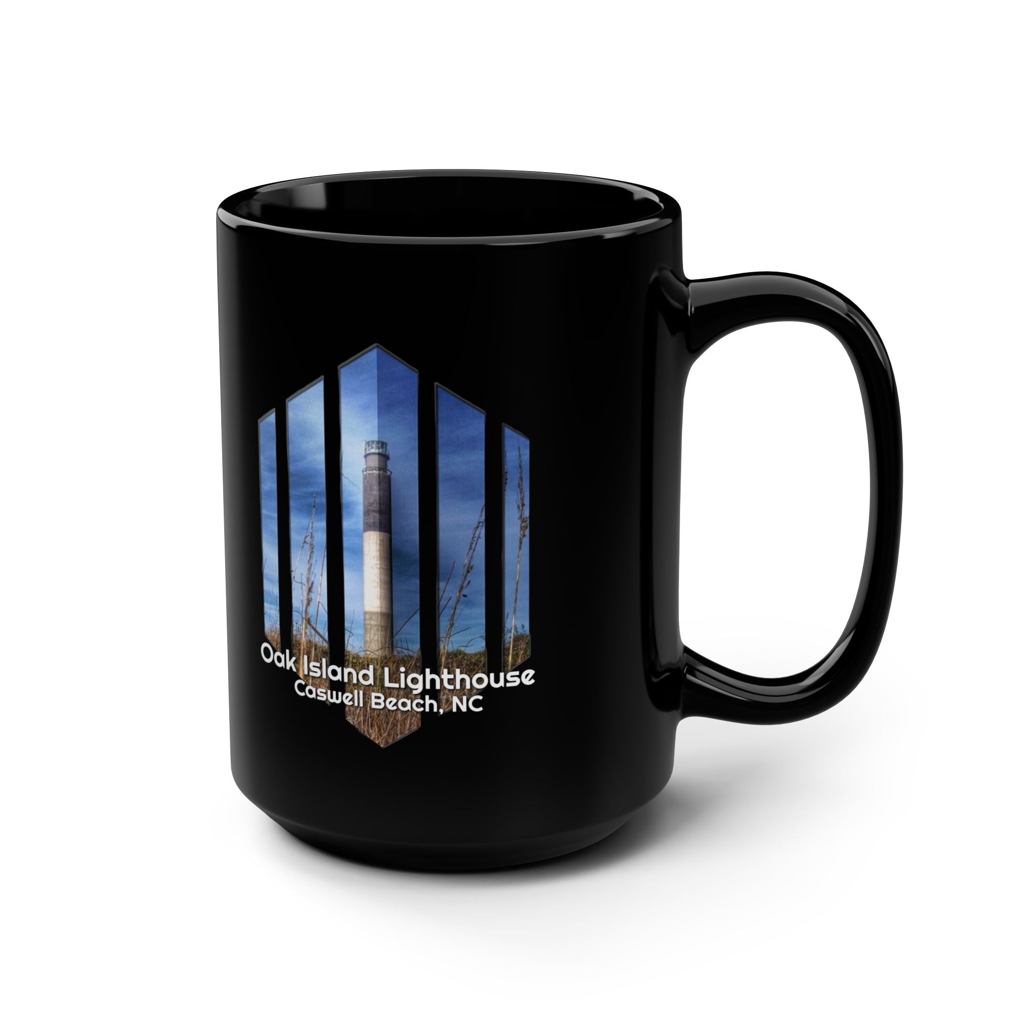 Oak Island Lighthouse Black 15oz Mug — Oak Island Lighthouse, Caswell Beach NC Coffee Mug