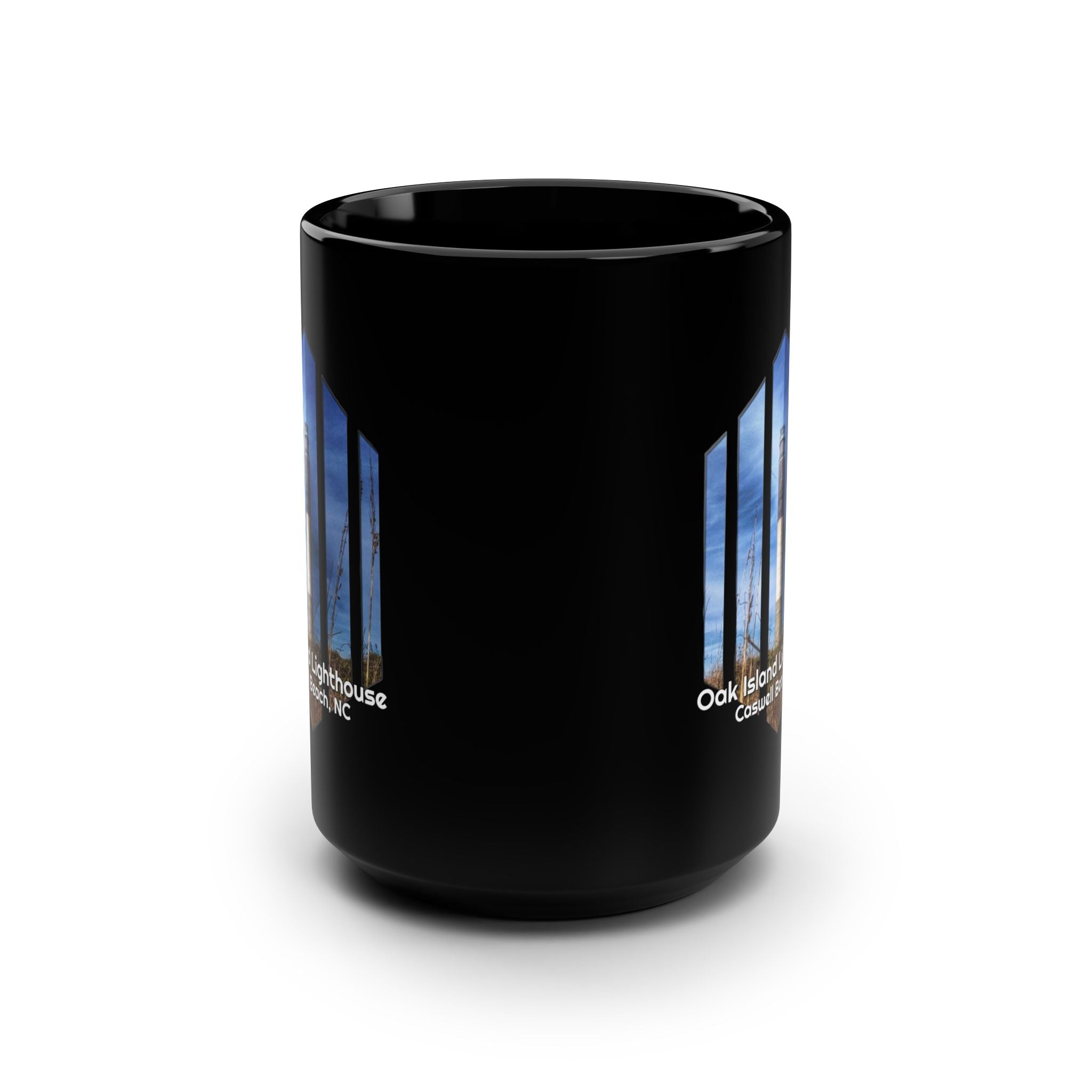 Oak Island Lighthouse Black 15oz Mug — Oak Island Lighthouse, Caswell Beach NC Coffee Mug